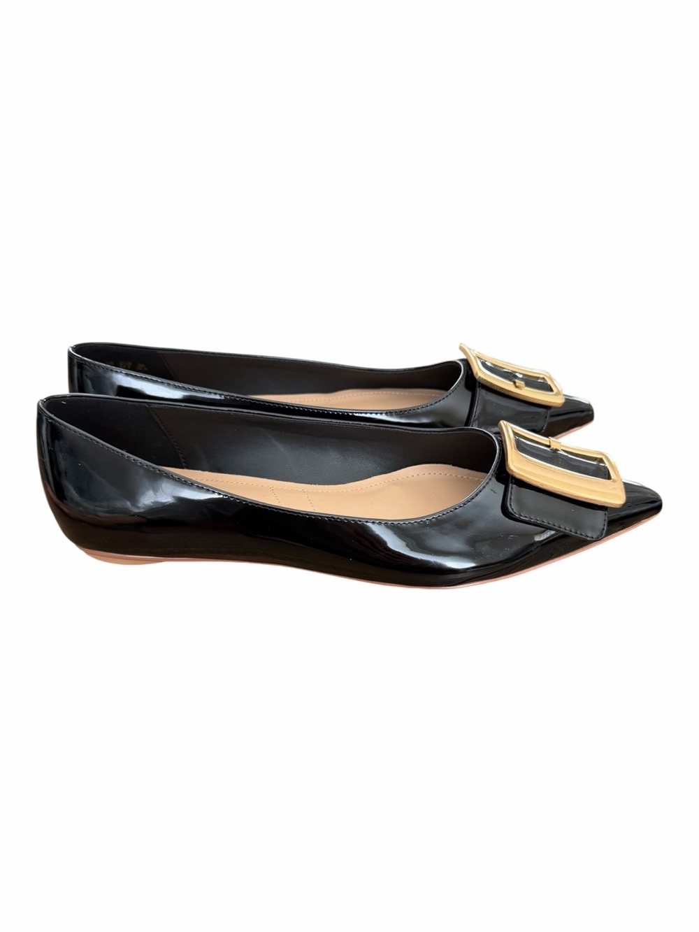Franco Sarto Black Patent Pointed Flats with Gold Buckle Accent - Picture 4 of 7